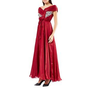 Elegant Red Off-Shoulder Gown With Embellished Bodice & Flowing Skirt - Size XL